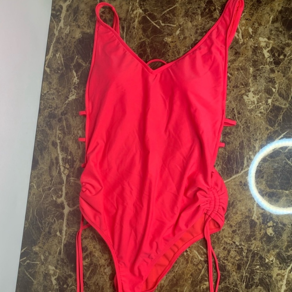 Large neon coral one piece bathing suit